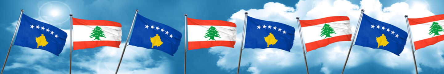 Kosovo flag with Lebanon flag, 3D rendering