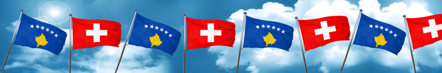 Kosovo flag with Switzerland flag, 3D rendering