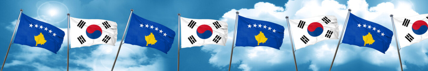 Kosovo flag with South Korea flag, 3D rendering