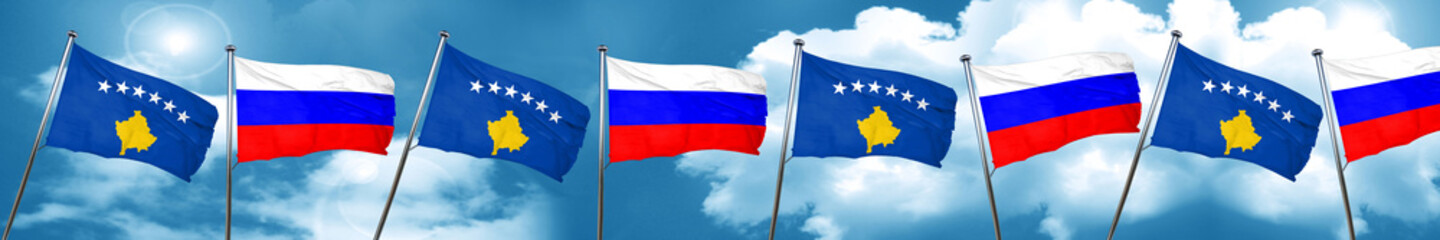 Kosovo flag with Russia flag, 3D rendering