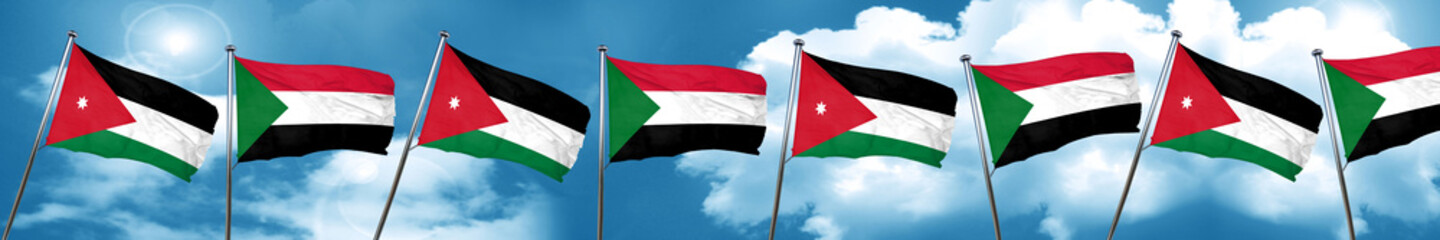 Jordan flag with Sudan flag, 3D rendering