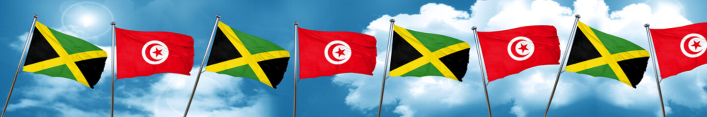 Jamaica flag with Tunisia flag, 3D rendering