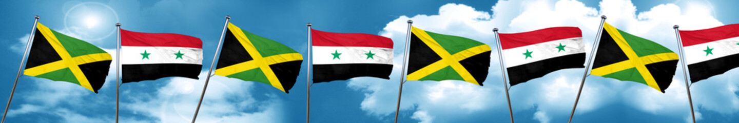 Jamaica flag with Syria flag, 3D rendering