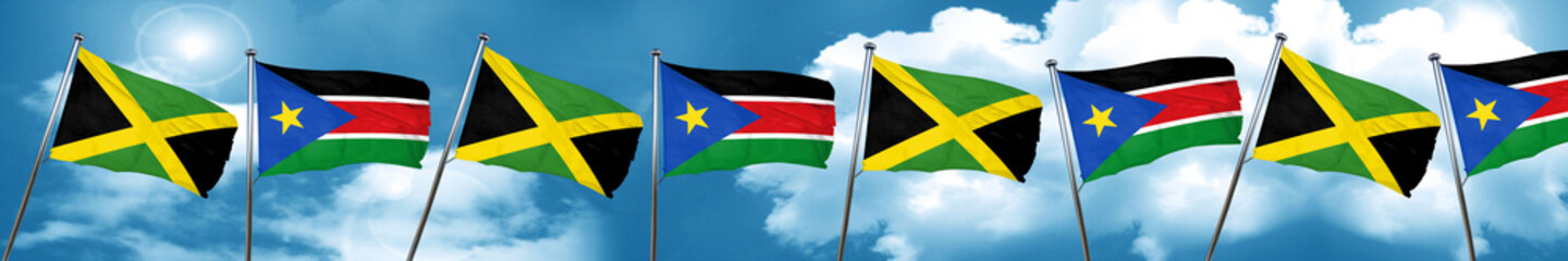Jamaica flag with South Sudan flag, 3D rendering