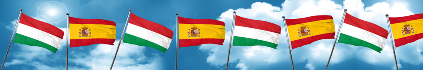 Hungary flag with Spain flag, 3D rendering