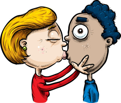A cartoon woman surprises a man with a kiss on the lips.