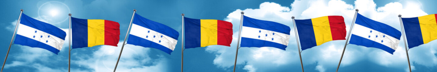 Honduras flag with Romania flag, 3D rendering