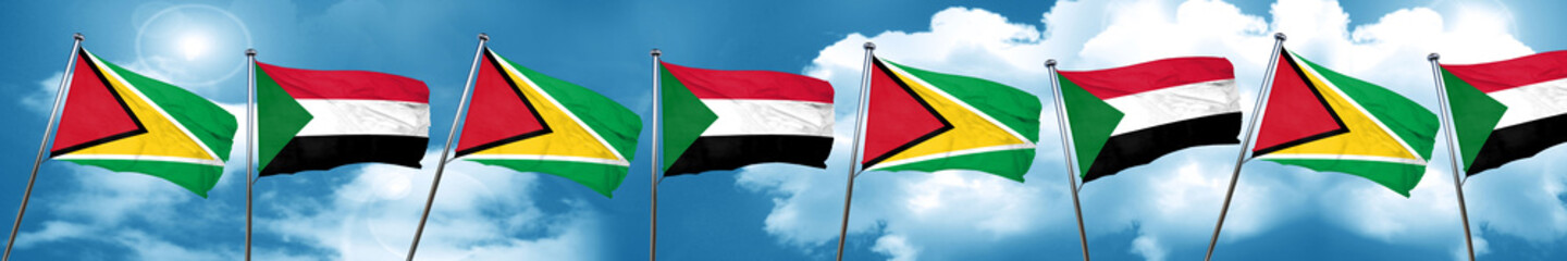 Guyana flag with Sudan flag, 3D rendering