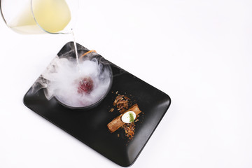 Molecular Cuisine. Delicious soup with beetroot.