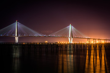 Fototapeta na wymiar Arthur Ravenel Jr Bridge at Night on Wonders Way in Charleston,