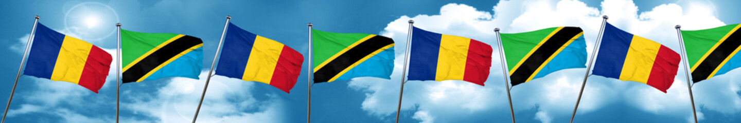 Romania flag with Tanzania flag, 3D rendering