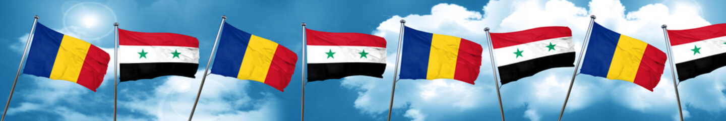 Romania flag with Syria flag, 3D rendering