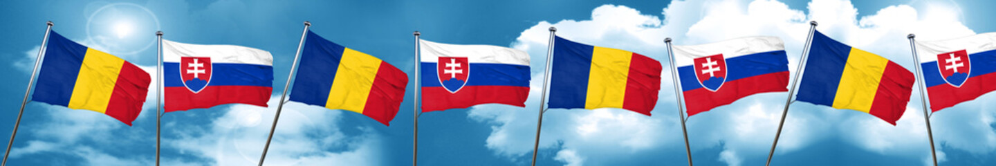 Romania flag with Slovakia flag, 3D rendering
