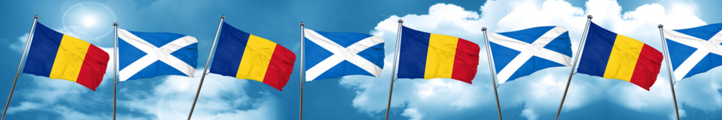 Romania flag with Scotland flag, 3D rendering