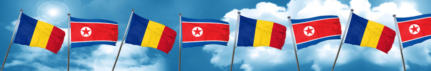 Romania flag with North Korea flag, 3D rendering