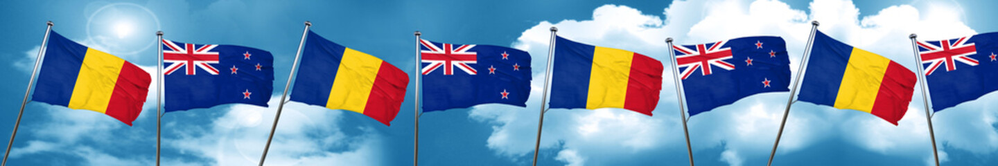 Romania flag with New Zealand flag, 3D rendering