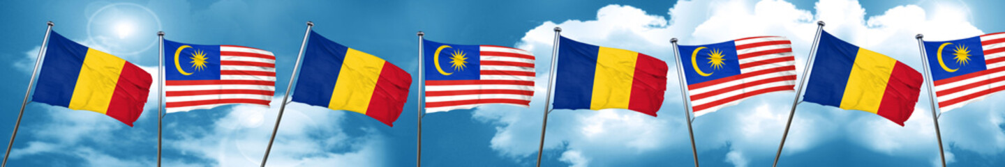 Romania flag with Malaysia flag, 3D rendering