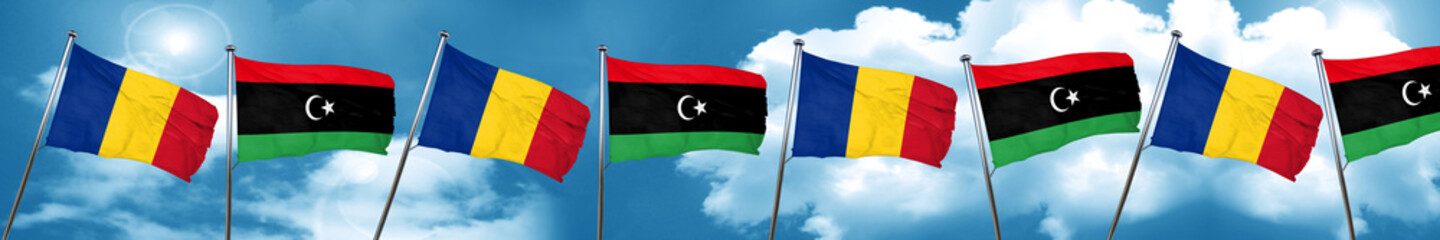 Romania flag with Libya flag, 3D rendering