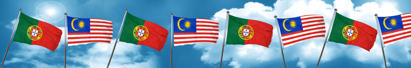 Portugal flag with Malaysia flag, 3D rendering