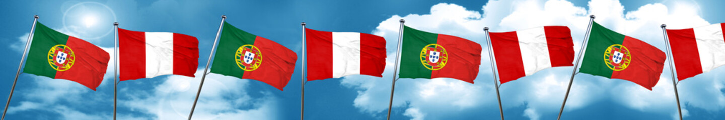 Portugal flag with Peru flag, 3D rendering