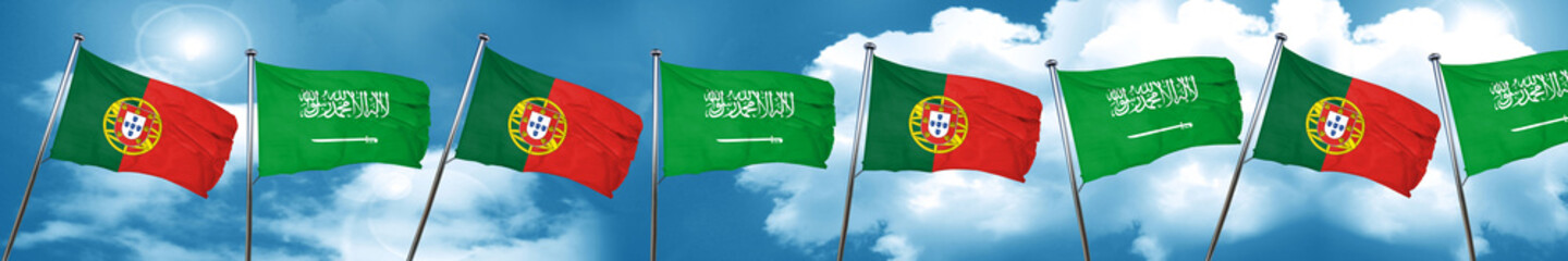 Portugal flag with Saudi Arabia flag, 3D rendering