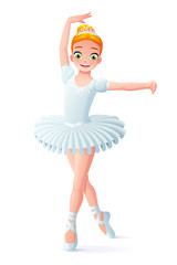 Vector cute smiling young dancing ballerina girl in white dress. © maia3000