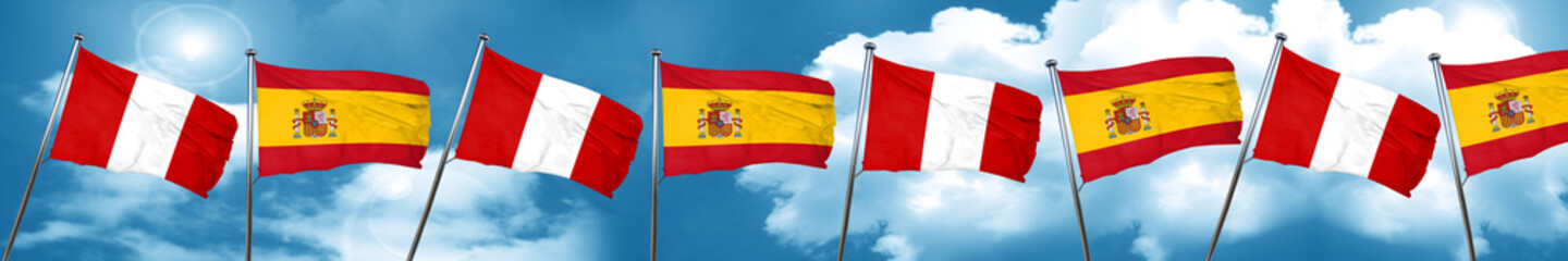 Peru flag with Spain flag, 3D rendering