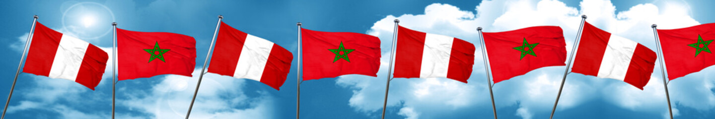 Peru flag with Morocco flag, 3D rendering