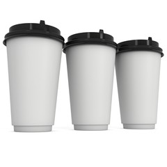 Disposable coffee cups. Blank paper mug. 3d render isolated on white background