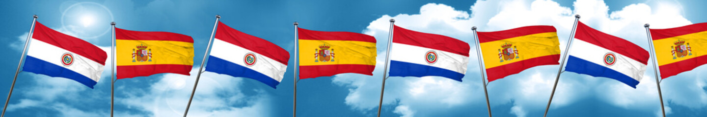 Paraguay flag with Spain flag, 3D rendering