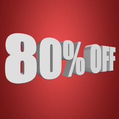 80 percent off letters on red background. 3d render isolated.