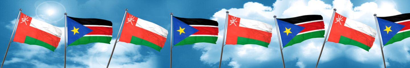 Fototapeta na wymiar Oman flag with South Sudan flag, 3D rendering