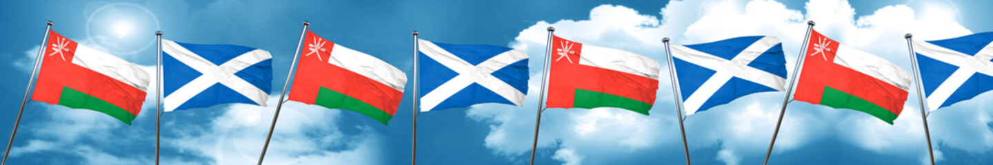 Fototapeta na wymiar Oman flag with Scotland flag, 3D rendering