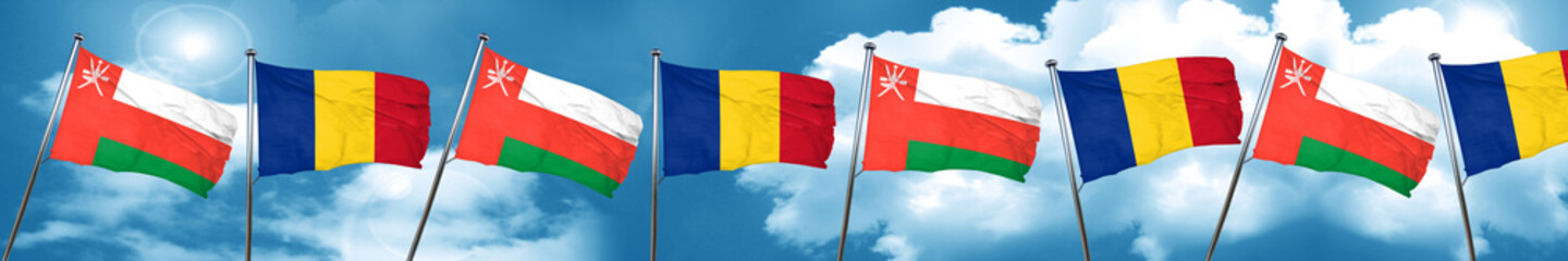 Fototapeta na wymiar Oman flag with Romania flag, 3D rendering