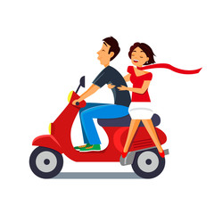 Happy couple ride on motorcycle. Girls scarf blowing. Vector ill