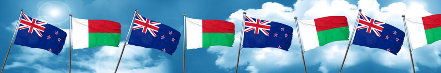 New zealand flag with Madagascar flag, 3D rendering