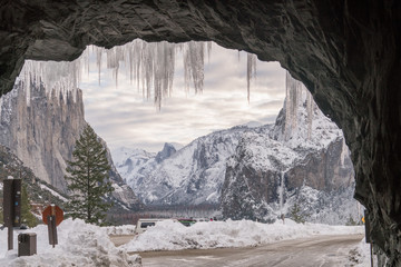 Icicles hanging from the roof of Tunnel View in Yosemite National Park