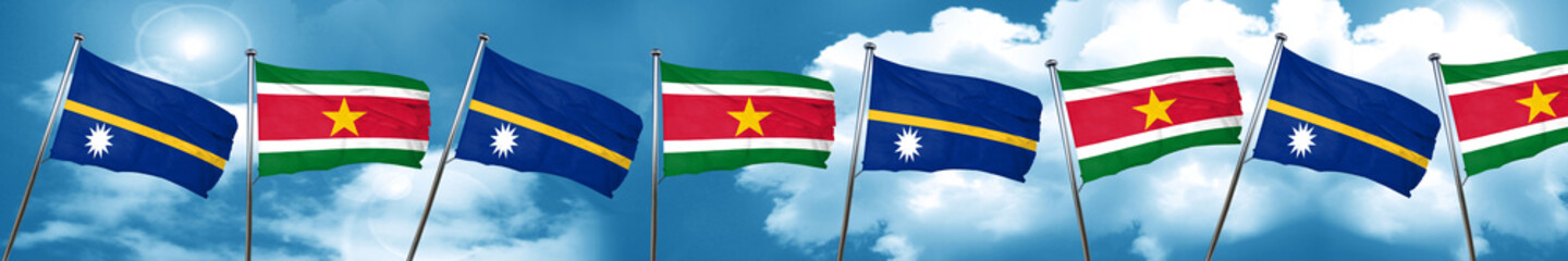 Fototapeta na wymiar Nauru flag with Suriname flag, 3D rendering