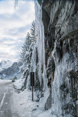 Fototapeta na wymiar Large Icicles on the walls of Tunnel View in Yosemite National Park