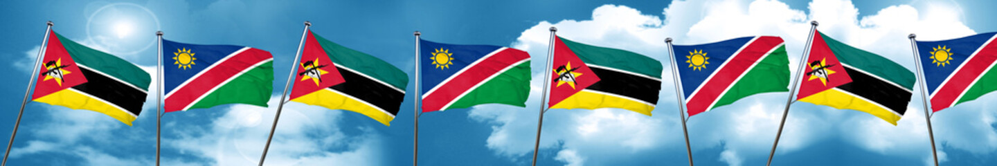 Mozambique flag with Namibia flag, 3D rendering