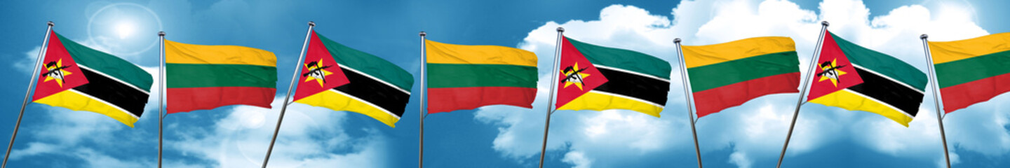 Mozambique flag with Lithuania flag, 3D rendering