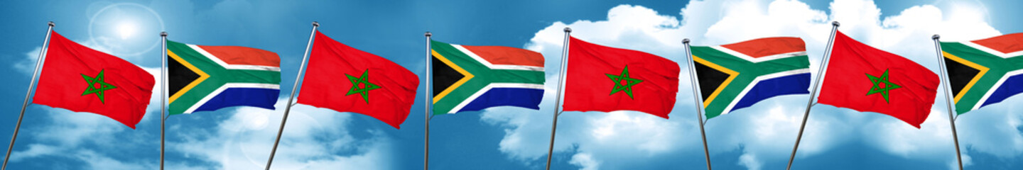Morocco flag with South Africa flag, 3D rendering