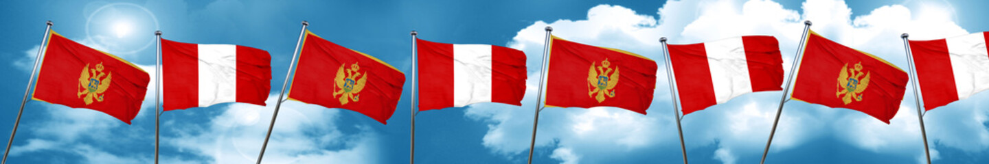 Montenegro flag with Peru flag, 3D rendering