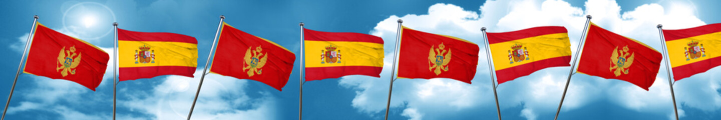 Montenegro flag with Spain flag, 3D rendering