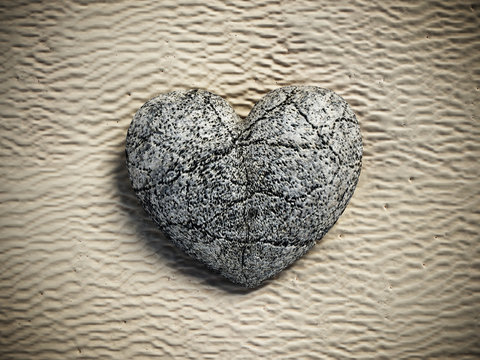 Stone heart standing on beach sand. 3D illustration