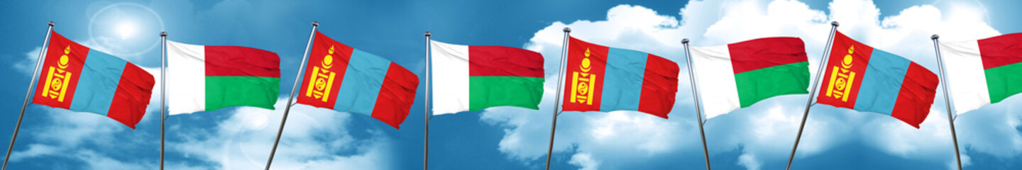 Mongolia flag with Madagascar flag, 3D rendering