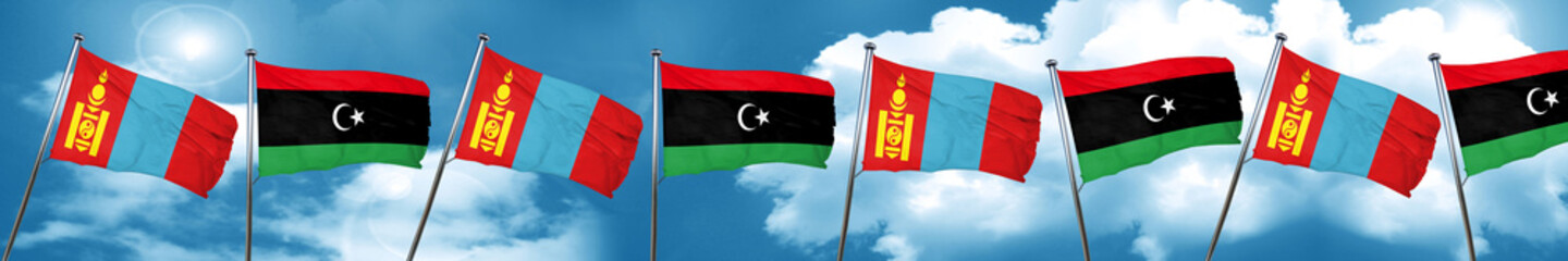 Mongolia flag with Libya flag, 3D rendering