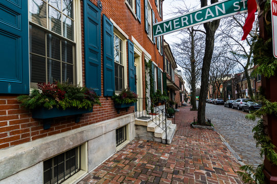 Historic Brick Buildings In Society Hill In Philadelphia, Pennsy