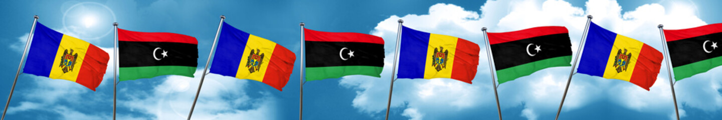 Moldova flag with Libya flag, 3D rendering