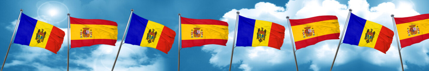 Moldova flag with Spain flag, 3D rendering